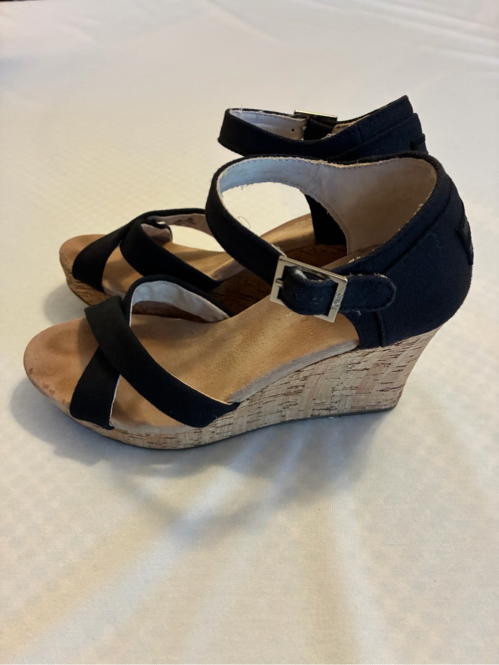 Toms Black Cork Wedge Sandals with Ankle Buckle